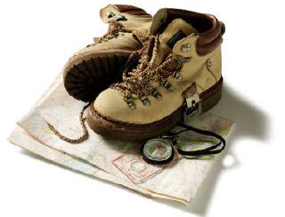 Walking boots, compass and map